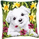 Vervaco borduurpakket kruissteekkussen westie in narcissen pn0147569 borduren