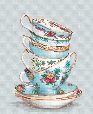 Borduurpakket turquoise themed tea cups om te borduren in kruissteek van Luca-s ba2325