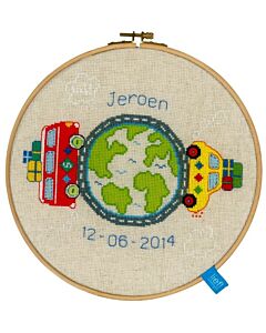 Borduurpakket  geboorte reis rond de wereld  van lief incl borduurring vervaco pn-0150391