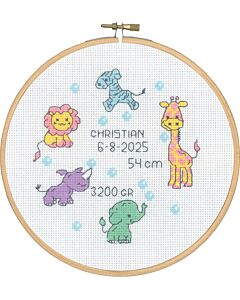 Permin borduurpakket geboortetegel bubbels met vrolijke diertjes 13-5317 incl. borduurring