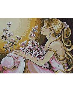 Voorbedrukt canvas/stramien dame met bloemen hoed  eve om te borduren van Margot 133.3279