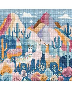 Heritage Crafts borduurpakket landschap met lama's 1908A telpatroon