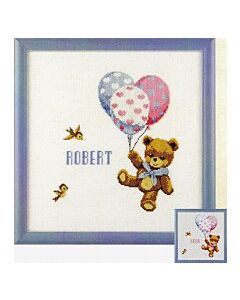 Borduurpakket geboortelap  robert of noor beer met ballonnen van pako met telpatroon