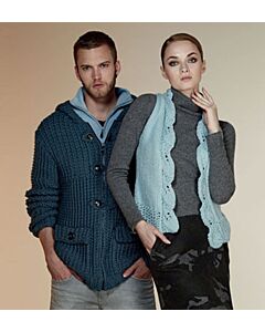 Wol incl.breipatroon van deze herenjas van Phildar. De herenjas heeft twee voorzakken, een ritsluiting met knopen.