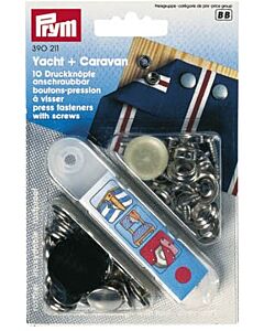 Vernietbare drukknopen yacht & caravan met zware sluitkracht van Prym. Messing, roestvrij, knooponderdeel aanschroefbaar en zilverkleurig met een doorsnee van 15mm. 