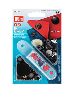 Prym vernietbare drukknopen Anorak - 15mm zwart met kap gelakt 10 stuks