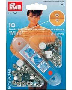 Vernietbare drukknopen Mini van Prym met medium sluitkracht. Messing, roestvrij, zilverkleurig en een gladde kap met een doorsnee van 8mm.