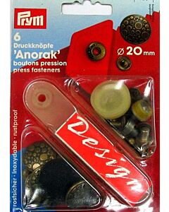 Vernietbare drukknopen Anorak Dessin Collage met medium sluitkracht van Prym. Messing, roestvrij, oudmessing gekleurd met een doorsnee van 20mm.