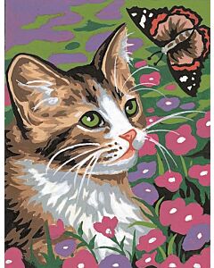 Margot voorbedrukt stramien poes met vlinder in halve kruissteek 60214