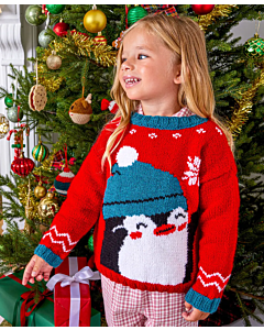 Gratis patroon kinder kersttrui breien pingouin met muts