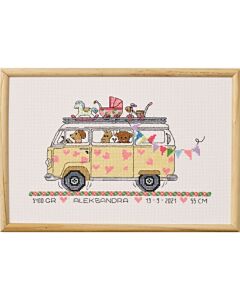 Borduurpakket geboortetegel gele bus Permin 92-1309
