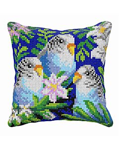 Orchidea borduurkussenpakket parkieten met bloemen 99094 voorbedrukt (kussenrug en opvulkussen apart verkrijgbaar)