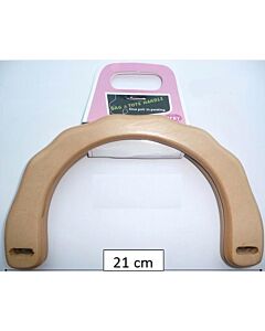 Tassenbeugel hout en rond. Buitenmaat 21cm en binnenmaat 14cm.