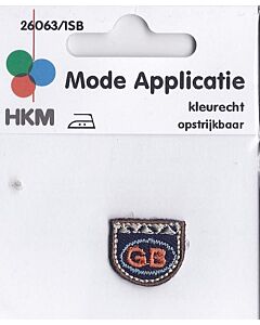 Klein, blauw met bruine rand en tekst GB erin applicatie.