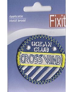 Applicatie rond, blauw met geel en wit, tekst crosswind.