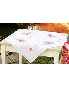Bedrukt tafelkleed  met ingeweven boord kleurige bloemen om te borduren vervaco pn-0156404