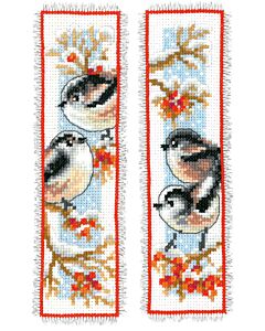 Borduurpakket 2 boekenlegger van staartmeesjes en rode bessen om te borduren  Vervaco pn-0163595