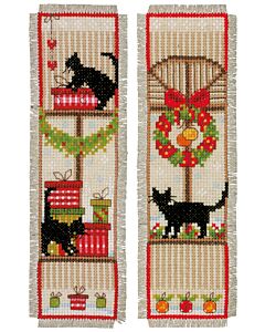 Borduurpakket Bladwijzers Kerstsfeer poes set van 2 Vervaco PN-0155657 