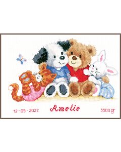 Borduurpakket geboortetegel lieve diertjes van Vervaco pn-0002202