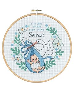 Borduurpakket Geboortetegel ooievaar jongen Samuel om te borduren Permin 92.9861
