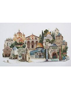 Nieuw borduurpakket in de Stedencollectie, de stad Jeruzalem. Dit borduurpakket wordt compleet geleverd inclusief linnen borduurstof, DMC borduurgaren, naald en telpatroon (in kruissteek). 