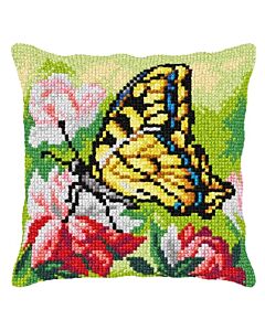 Borduurpakket kruissteek kussen gele vlinder orchidea 9367