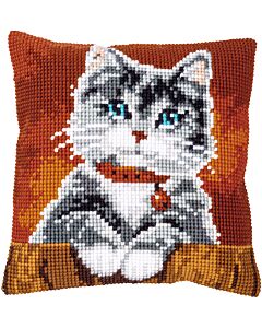 Borduurpakket kruissteekkussen kat met halsband van Vervaco pn-0155353 om borduren 