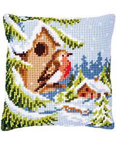Borduurpakket kruissteekkussen roodborst in de winter van Vervaco pn-0147171