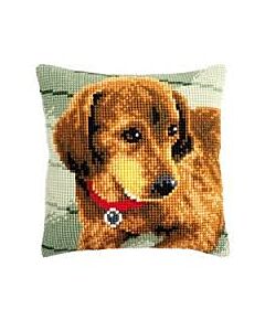 Borduurpakket kruissteekkussen  teckel om te borduren van vervaco  