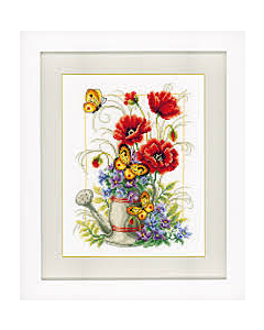 borduurpakket telwerk  gieter met bloemen van vervaco  