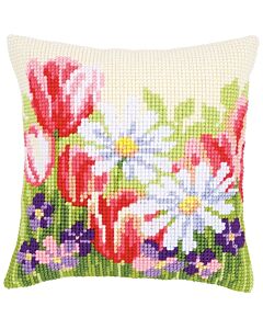 Borduurpakket voorbedrukt kruissteek kussen Lente bloemenveld van vervaco pn-0163859