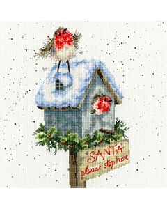 Borduurpakket Vogelhuisje kerstman stop hier  van Bothy Threads XHD55
