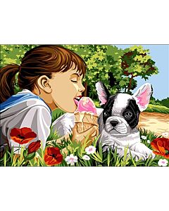 Voorbedrukt stramien/canvas meisje met ijsje en hond van Seg de Paris 