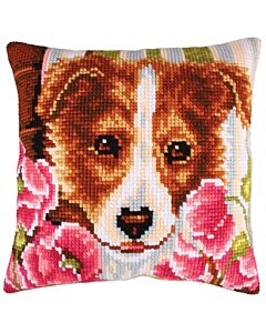 Borduurpakket voorbedrukt kruissteekkussen hond met roze klaprozen Collection d'Art  5213