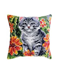 CDA borduurkussenpakket Poes tussen de bloemen 5479 voorbedrukt