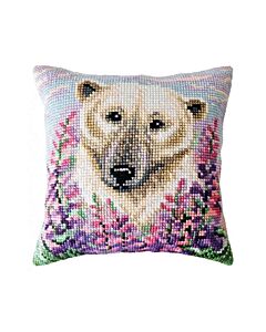 CDA borduurkussenpakket ijsbeer tussen de bloemen 5489 voorbedrukt (kussenrug en opvulkussen apart verkrijgbaar)