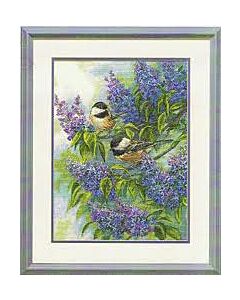  Borduurpakket chickadees and lilacs (seringen met vogels) gold collection dimensions