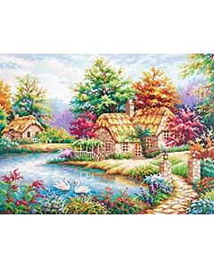  Borduurpakket Like a fairytale van Chudo Igla met telpatroon. huisje aan meer