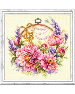 Borduurpakket Pioenrozen voor de Naaister - Magic needle met telpatroon