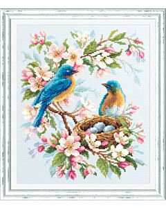 Borduurpakket Lente Lied - vogels met nest Magic Needle met telpatroon.