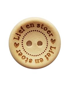 Durable houten tekst knoop 'lief en stoer' 20mm