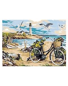 Voorbedrukt stramien met de fiets aan zee om te borduren seg de paris 950.176
