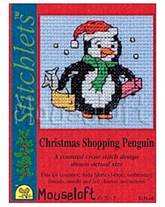 Mouseloft borduurpakket kerstkaart pinguïn doet kerst inkopen G31stl telpatroon incl. kaart & envelop