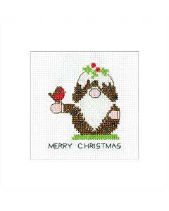 Borduurpakket kerstkaart Gonk Card - Christmas Pudding & Robin met telpatroon Heritage Crafts