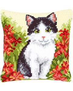 Vervaco borduurpakket kat in bloemenveld pn-143701 kruissteekkussen 