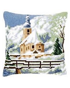 kerk in de sneeuw Borduurpakket kruissteek kussen