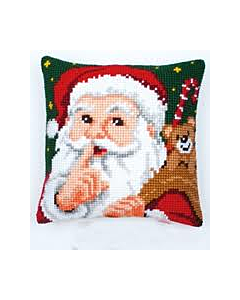 Borduurpakket kruissteek kussen Sssst .... kerstman vervaco