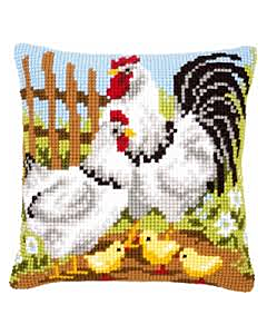 Borduurpakket  kussen  Kippenfamilie op de boerderij