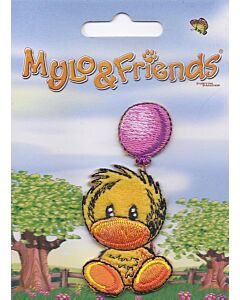 Mylo & Friends zittend kuiken met roze balon applicatie.