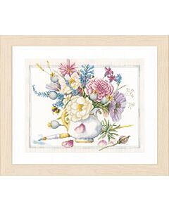 Borduurpakket Witte pot met bloemen Marjolein Bastin